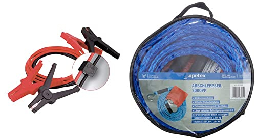 PETEX 44623598 Starthilfekabel 25 mm², mit Überspannungsschutz, Länge 3,5 m & 43191805 84624 Abschleppseil bis 3000 kg, Wohnmobile, SUV, Quad, Pkw