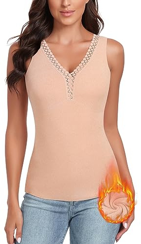 WOWENY Damen Oberteil Thermo Langarm Winter Langarmshirts Thermohemd mit Spitze V-Ausschnitt Warme Unterhemd Elegant Shirt Tshirts, Beige, S