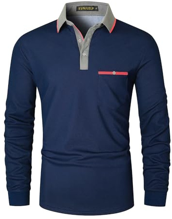 KUNJLELP Poloshirt Herren Langarm, T Shirts Männer, Hemd Herren Kontrastfarbiges Spleißen T-Shirt Golf Polo Shirt