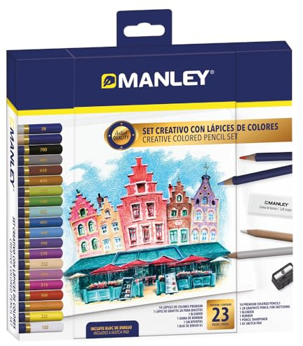 Manley set creativo con lápices de colores 23 piezas | Artist quality | Incluye 18 lápices de colores premium, 1 lápiz de grafito 2B, 1 blender, 1 goma de borrar, 1 sacapuntas y 1 bloc de bocetos A5