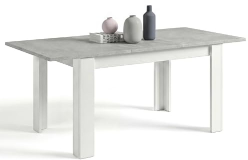 duehome | Mesa de Comedor Extensible, Mesa Rectangular, Modelo Sira, Acabado en Blanco Artik y Cemento, Medidas: 140-190 cm (Largo) x 90 cm (Ancho) x 78 cm (Alto)