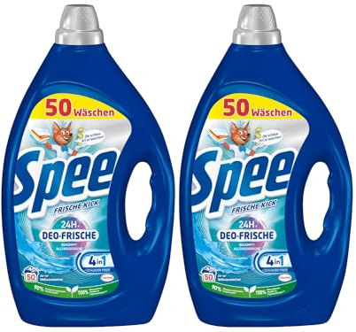 SPEE Deo-Frische Waschmittel 2x 50 WL (100 Waschladungen), Flüssigwaschmittel mit 4 + 1 Formel Bekämpft Alltagsgerüche für 24 h, Vollwaschmittel für Temperaturen ab 20°C