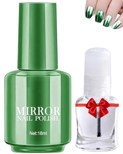 Mirror Gel Nagellack Satz,Grün Metallic Langanhaltend Schnell Trocknend Nail Gel Glue Polish mit Clear Base Top Coat Glänzen Effekt,Soak Off UV LED Lampe für Zuhause DIY Maniküre Art Nail Gellack-11