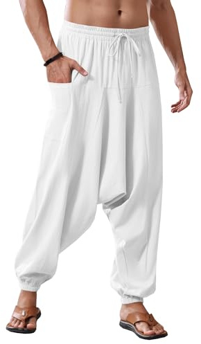 Runcati Pantalones harem holgados hippie casuales de lino para hombre, pantalones de yoga, pantalones de playa, Blanco., XXL