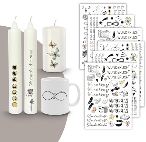 MilaBoo® Kerzentattoos 6x A5 I DIY Aufkleber für besondere Anlässe einfache Anwendung I Wasserschiebefolie für Kerzen I Premium Kerzenaufkleber (Wunscherfüller-A5)
