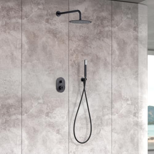 IMEX - Ducha Empotrada Negra Monomando | Conjunto de Grifería Empotrado con Alcachofa y Rociador Antical Efecto Lluvia | Columna Ducha Empotrada en Latón y Acero Inox S.304 | Serie Olimpo