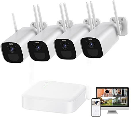 BAFEIYA Telecamere di sicurezza wireless per esterni 3MP Bullet Wireless IP Camera HD CCTV 4CH di sicurezza Kit Auto Pair Built in 5200mAh Videosorveglianza & Play(2 Cams 64G Add G4R)