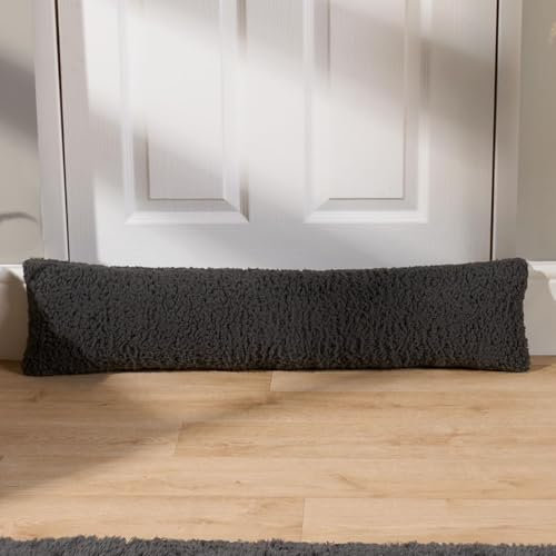 OHS Draught Excluder for Doors Teddy Fleece, Soft Draft Excluder Cushion Decorative Door Stopper Cold Air Wind Blocker Living Rooms Bedroom Kitchens, Charcoal Grey 90 x 20cm