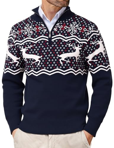 Wayleb Pull de Noël Homme Pull Noel Zippé Homme Hiver Chaud Col Roulé Pullover à Manches Longues Tricoté Festif Rennes Bonhomme de Neige Pullover Grande Taille S-3XL