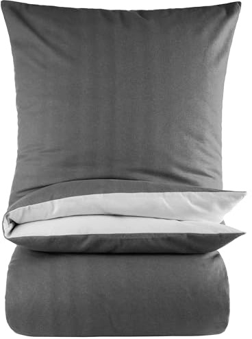 BaSaTex Biber Bettwäsche Set, 135x200 + 80x80, Anthrazit Silber | Uni, Bettbezug Kissenbezug, kuschelige warme Winter Flausch Bettgarnitur