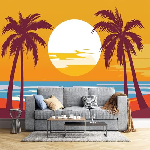 Fotomurales Playa De Palmeras Con Vista Al Atardecer 400X280Cm Papel Pintado Seda Decoración De Pared Decorativos Murales Moderna De Diseno Fotográfico 3D Decorativos Murales