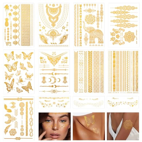 Festival Tattoos Gold 9 Blätter Gold Temporäre Tattoos Metallic + 3 Blätter Goldene Glitzer Sommersprossen Tattoo, Flash Tattoo Aufkleben Damen für Festival Must Haves