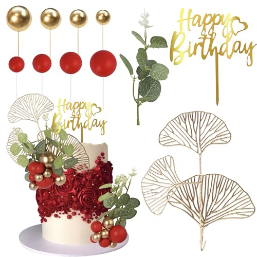 SYKYCTCY 31 Pack Ball Cake Toppers Ball Cake Picks Happy Birthday Cake Decoration Balls Palm Leaves Bohemian Balls Boho Cake Decoration Party Supplies
