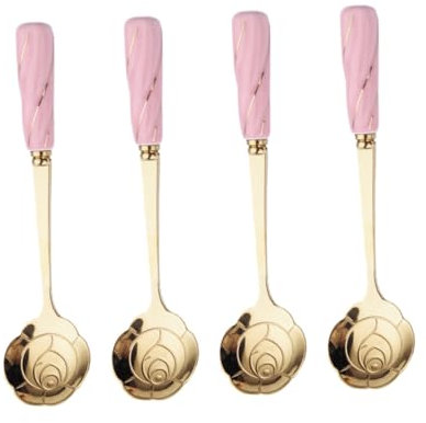 Alipis 4 Cucharas Para Postre Diseño De Flor, 11,5 Cm, Acero Inoxidable y Mango Cerámico, Cuchara Multiusos Para Pastel y Helado, Apta Para Café, Té y Postres, Juego De 4 Unidades Rosa Dorado