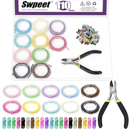 Swpeet Kugelkette Schmuck bunte Perlenketten für DIY Halskette hängende Ornament, 10 Farben 1m / 3.28ft × 2.4mm überplattete Kugel Perlen Ketten mit 1Pc Zangen und 100 Stück Steckverbinder Kit