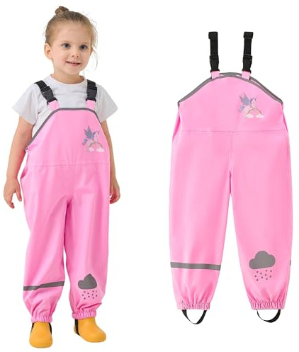 JinBei Kids Waterproof Dungarees Lightweight Rain Trousers Unisex, Age 2-7 | with Adjustable Strap, Foot Rope, Over Trouser Mud Windproof Overalls Rain Pants, Reflective Strip, School, Outdoor, Hiking