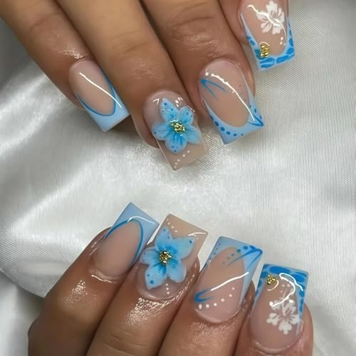 Shimmerz 24 Piece Blue Flower Press-on Nails, French Tip Fake Nails with Gold Glitter Stones in Flower Core, Spring and Summer False Nails