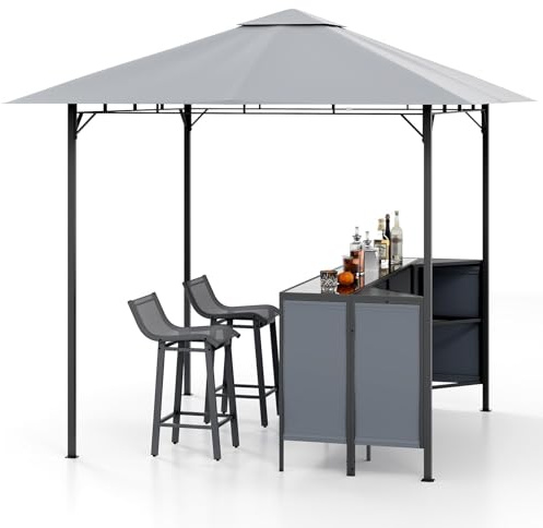 FANTASK Outdoor Grillpavillon Set mit Bar und 2 Stühlen, Gartenpavillon mit Doppeldach, mit Hartglas-Bartisch & Anlagen & Weinglashaltern, 3-teiliges BBQ Pavillon Set, 245x245x243cm (Grau)