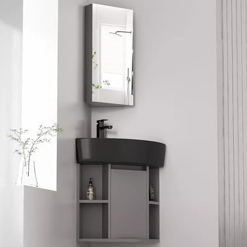 Lavabo esquinero de baño, tocador de cerámica montado en la pared con armario de espejo, lavabo de manos que ahorra espacio para baños pequeños
