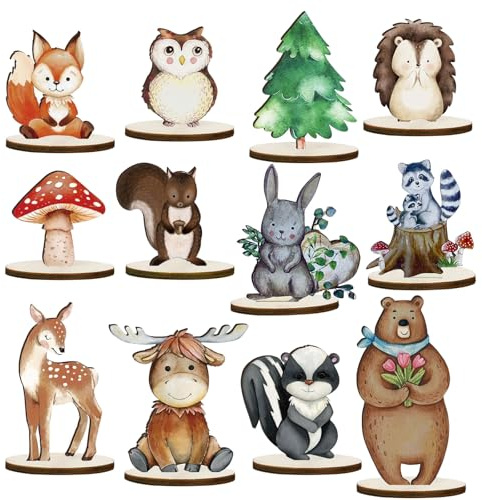 Waldtier Tischaufsätze,Tortendeko Dschungel,Waldtiere Geburtstag Deko,12 Stück Holz Waldtier Tischschild mit Sockel,Holz Deko Waldtiere für Babyparty Party Dekorationen Heimdekoration