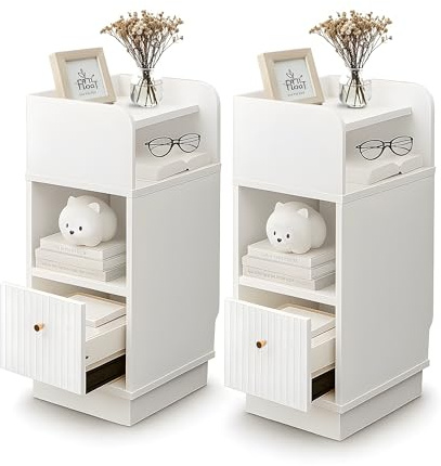 EORMM Mesitas de Noche Estrecha 25 cm, con Cajón y Estante Abierto, 62 cm Altura Ideal para Camas Altas y Sofá, Pequeña y Funcional,Blanca y Moderna para Dormitorio,Pack 2