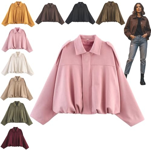 Oveallgo Wildlederjacke Damen, Oversized Bomberjacke aus weichem Kunstwildleder mit Fleece-Futter, Braune Wildlederjacke Damen (DE/NL/SE/PL, Alphanumerisch, M, Regular, Regular, Pink)