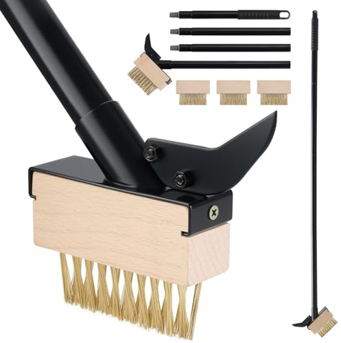 Mitclear Brosse à Mauvaises Herbes avec Manche Long(128cm), Désherbeur Manuel, Outil de Jardin avec Brosse Métallique et Grattoir, Désherber, Élimine la Mousse sur Allées, Chemins et Pavés(4 Brosses)
