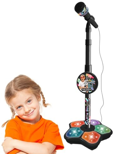 Nevalerra Mädchenmikrofon mit Ständer – Kinder Mikrofon Spielzeug mit Höhenverstellbarem Stand, Soundeffekten und LED Licht, Einfaches Singen mit Lautsprecher | Karaoke Mikrofon für Mädchen Party