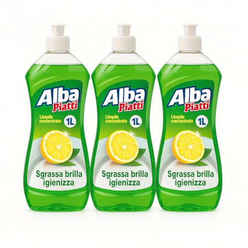 3 X Alba Piatti Limone 1L – Detersivo Piatti Concentrato e Sgrassante – Profumo Fresco di Limone, Brillantezza Immediata e Pulizia Profonda