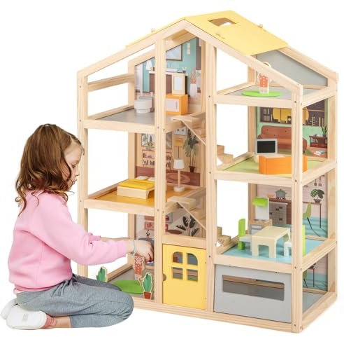 DREAMADE Puppenhaus aus Holz, Traumhaus mit 2 Figuren & 18 Möbelzubehörteilen, Dollhouse mit robuster Struktur & 7 Zimmern, Puppenvilla für Jungen & Mädchen ab 3 Jahren