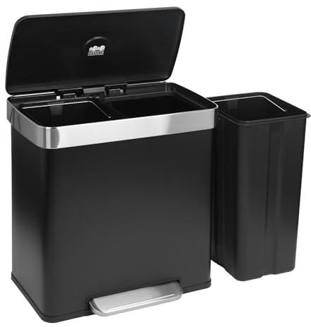 Harbour Housewares 60L Double Kitchen Pedal Bin – 2 x 30L Matte Black Stainless Steel Recycling Waste Bin with Soft Close Lids, Dual Compartments & Removable Inner Buckets for Home & Office