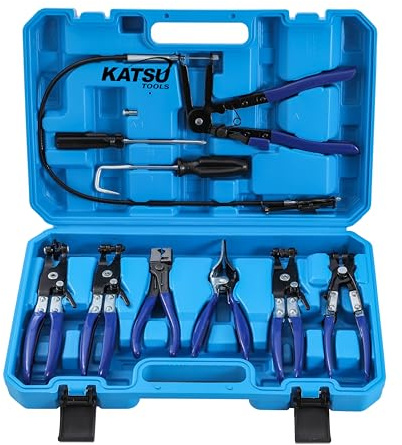 KATSU Tools Lot de 9 pinces de serrage flexibles pour automobile, longue portée, pince de retrait de fil à ressort, carburant, huile et tuyau d'eau, outils automobiles