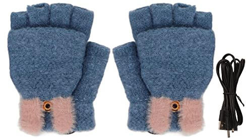 Manoplas calefactoras de 5 V, Guantes calefactables eléctricos USB, Calentador sin Dedos con Cubierta Plegable para los Dedos, Guantes de algodón de Punto Suave para Montar en (Azul)