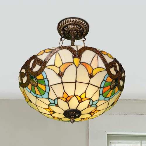 Saffbei 15.75 Vintage Chandelier Stained Glass Ceiling Lamp- Baroque Style Hand-Painted Pendant Light for Kitchen Island, Dining Room, Bedroom, Living Room Ceiling E26*3 (Include Bulb)