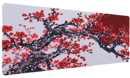 DIYEAH Tapis de Souris Bureau Grand Format 300x800x3mm Motif Fleurs de Cerisier Noir et Blanc Base Caoutchouc Antidérapante Bords Cousus Décoration Bureau à Domicile