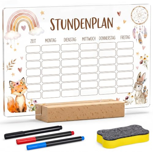BBTO Emploi du Temps Personnalisé Effaçable en Acrylique Calendrier Hebdomadaire pour Enfants Comprend Stylos Support en Bois Éponge pour Tableau Cadeau Rentrée Scolaire Filles Garçons École Primaire