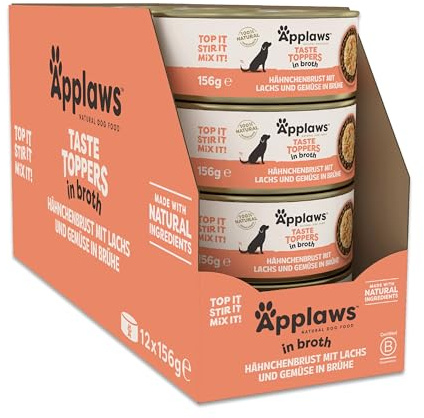 Applaws Comida Húmeda para Perros 100% Natural, Pechuga de Pollo con Salmón en Caldo, Paquete de 12 Latas de 156g