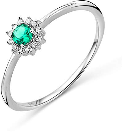 MIORE Anillo de compromiso para mujer de oro blanco con esmeralda de 9 quilates (375) con diamantes brillantes de 0,05 ct