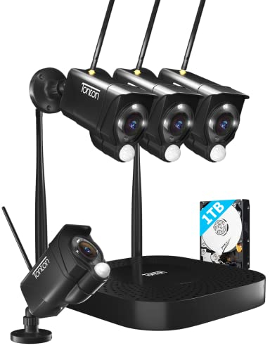 4K WLAN Überwachungskamera Set Außen, Tonton 10CH 5MP H.265+ NVR mit 4PCS 3MP Kamera, PIR AI Bewegungserkennung, 30M IR Nachtsicht, 24/7 Videoaufzeichnung, APP PC Fernzugriff, 1TB Festplatte, Schwarz