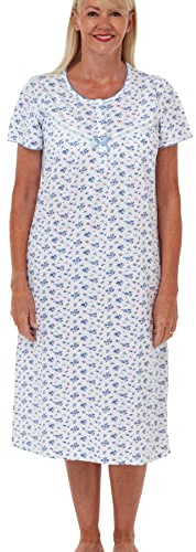 Marlon Women’s Maria Nightie – Soft Knitted Jersey Nightdress With Short Sleeves & Button Placket – Pure Cotton or Comfy Easy Care Fabric, Blue, 12-14