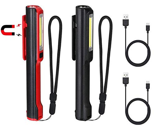 Flintronic LED-arbetslampa, ficklampa, verkstadslampa, uppladdningsbar, 3 W, huvud & COB | SOS blinkande | magnetisk klämma och bas | 5 lägen ljusstyrka för verkstadsbil, camping, nödsituation, 2 st.