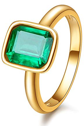 RIZILIA CELEBOX Solitaire Engagement Ring with Emerald Cut Gemstones CZ [Green Emerald] in 18K Yellow Gold Plated, Celebrity Inspired by Angelina Jolie