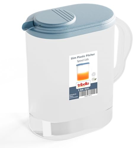 Tribello Pitcher with Lid 1 Gallon, Slim Clear Plastic Water Pitcher with Pivot-top Spout Lids, Iced Tea Pitcher for Fridge, Freezer/Dishwasher Safe, and BPA/Phthalate Free