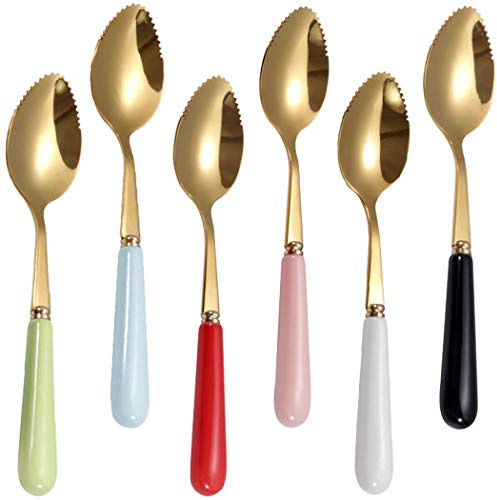 Goeielewe Set mit 6 Grapefruitlöffeln mit runden gezackten Kanten, Edelstahl-Löffel mit mehrfarbigem Keramikgriff, Kiwi-Apfel, Zitrusfrüchte, Dessertlöffel-Sets (Gold)