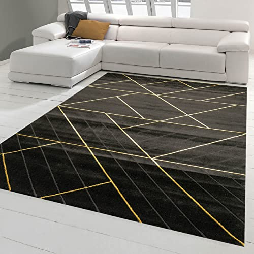 Teppich-Traum Kurzflor Teppich Geometrisch Schwarz Gold 160x230 cm | Pflegeleicht, schmutzabweisend, strapazierfähig, allergikerfreundlich, maschinengewebt, OEKO-TEX geprüft, 12 mm Flor