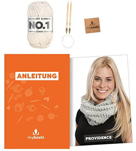 myboshi Strickset Schlauchschal Providence, inkl. No.1 Wolle, Nadel und Anleitung, für Mützen und Schals, Strickpaket, 30% Merinowolle Beige, mit Stricknadel