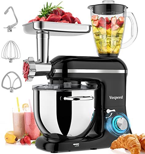 Vospeed Robot Patissier 9 en 1, 1500W 8L Cuisine Multifonctions avec Acier Inoxydable Bowl, Batteur, Crochet Pétrisseur, Fouet Pourcuisson, 6 Vitesses, Lavable au Lave-vaisselle (Nero), SM-1520BM