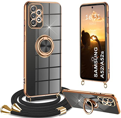 Yutwo Handykette Samsung A52 5G Hülle mit Band, Handyhülle Samsung A52 5G mit Band 360° Halter Ständer Silikon 360 Grad Ring Stoßfeste Schutzhülle für Samsung Galaxy A52S 5G/A52 5G, Schwarz