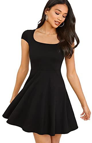 GORGLITTER Women's Scoop Neck Mini Dress with Short Cap Sleeve, High Waist, Ruffle Hem, A Line Swing Style - Summer Casual, Party, Travel, Black, XS