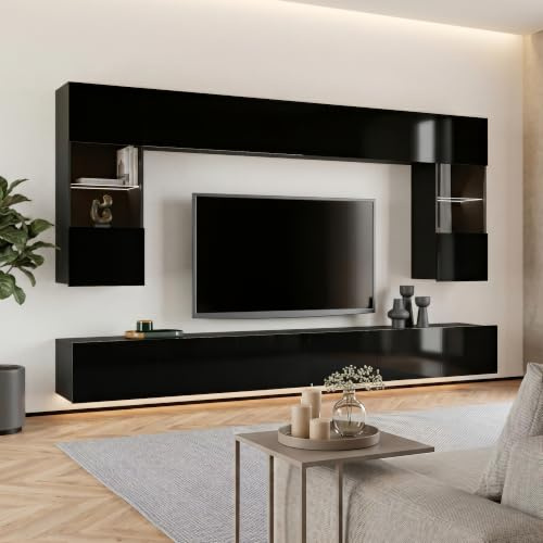 Lomadox Wohnwand Anbauwand schwarz Hochglanz 6-teilig Modern, mit 2 TV-Lowboards, 2 Hängevitrinen mit Beleuchtung, 2 Hängeschränke